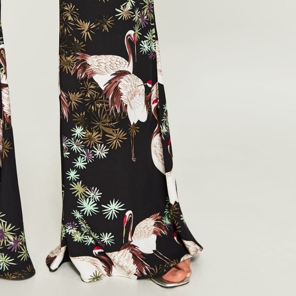 Zara Crane Bird Print Wide Leg Trousers Pants - Picture 3 of 7